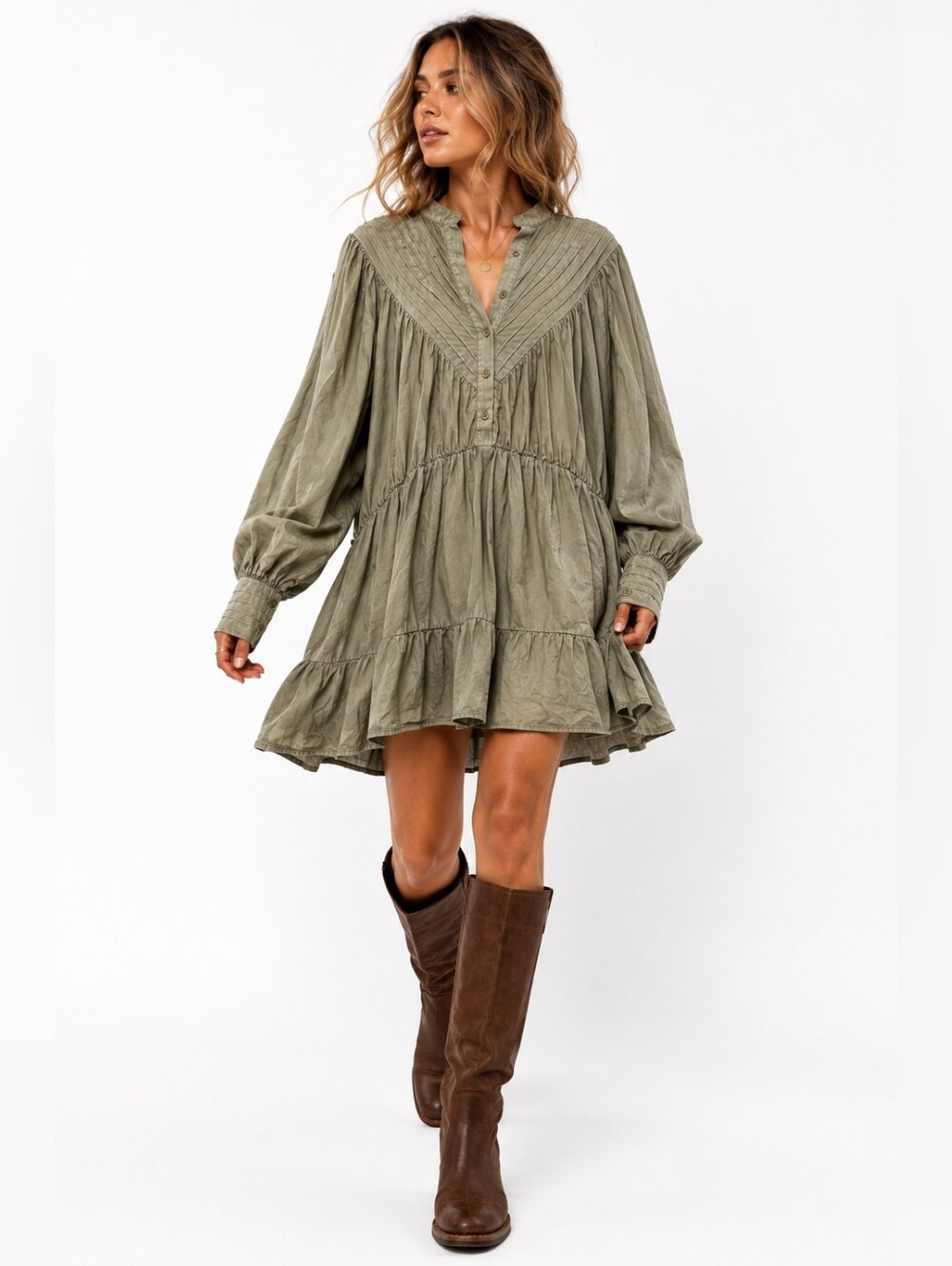 The Shirt by Rochelle Behrens Olive Pintuck Tiered Mini Dress XL